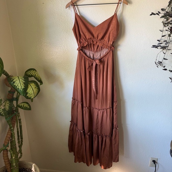 Lulus | Tiers to Sun Rust Brown Satin Cutout Maxi Dress With Pockets - Picture 2 of 7
